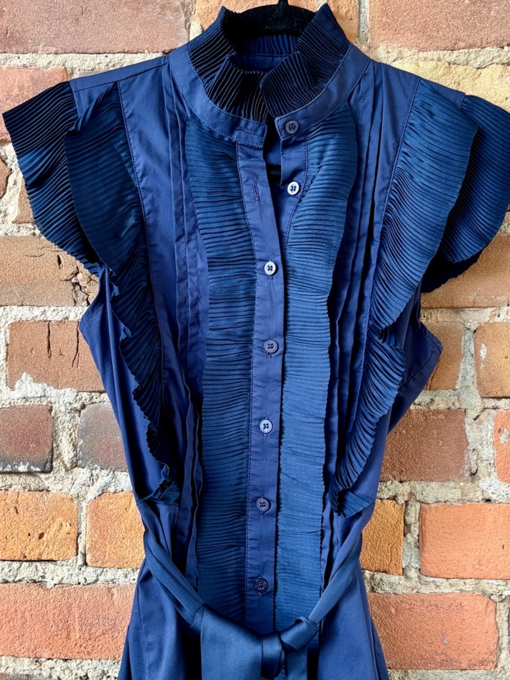 Silvian Heach Navy Blue Pleated Blouse with Pleated Detailing. Size Small